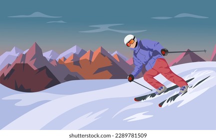 El esquí extremo se desliza sobre una montaña cuesta abajo. Esparcimiento deportivo en los esquís de las montañas. Actividad invernal. Esquiar en los Alpes de invierno. Estación de deportes de invierno con picos montañosos. Ilustración del vector