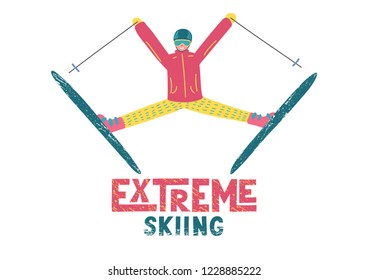 Extreme skiing. Hand drawn jumping skier with handwriting lettering. vector illustration.