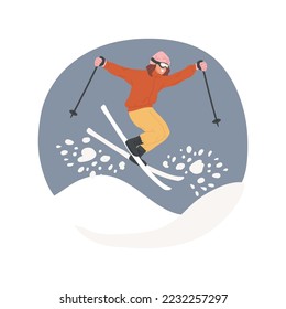 Extreme skiing isolated cartoon vector illustration. Young teenager in special equipment enjoying skiing, extreme winter sport, active lifestyle and adventures, making jump vector cartoon.