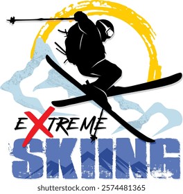 Extreme Skiing Silhouette with Dynamic Freestyle Movement, Mountains, and Sun Graphic