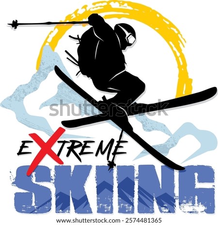 Extreme Skiing Silhouette with Dynamic Freestyle Movement, Mountains, and Sun Graphic