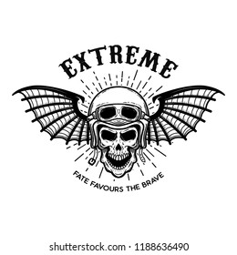 Extreme. Skull in motorcycle helmet with bat wings. Design element for logo, label, emblem, sign, poster, t shirt. Vector illustration