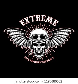 Extreme. Skull in motorcycle helmet with bat wings. Design element for logo, label, emblem, sign, poster, t shirt. Vector illustration