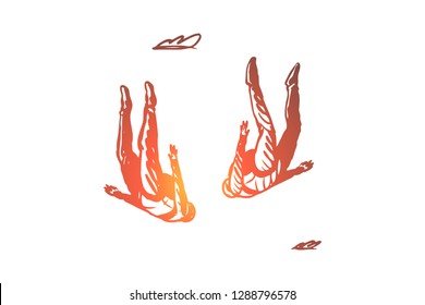 Extreme, sky, free, parachute, skydiving concept. Hand drawn two persons flying in sky concept sketch. Isolated vector illustration.