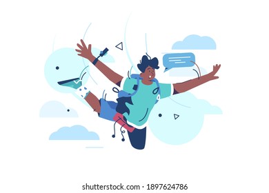 Extreme Skydiving Activities Vector Illustration. Skydiver Flying In Clouds And Taking Selfie Flat Style Concept. Parachuting Sport And Active Hobby Idea