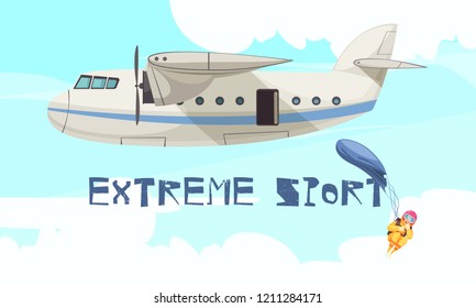 Extreme Skydiving Sport Jump From Airplane Flat Advertising Poster With Departing Plane Free Fall Stage Vector Illustration