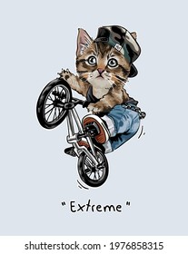 extreme slogan with cartoon cat riding bicycle vector illustration