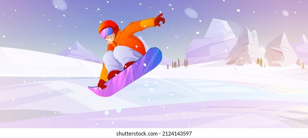 Extreme snowboarding winter sport, outdoors activity. Young sportsman in warm sportive costume riding snowboard making jumps and stunts on ski resort, wintertime relax, Cartoon vector illustration