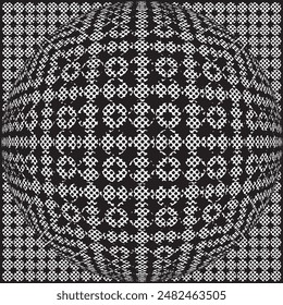 Extreme spherized big halftone dots overlapping, creating illusion of 3D ball shaped pattern filled in black and white