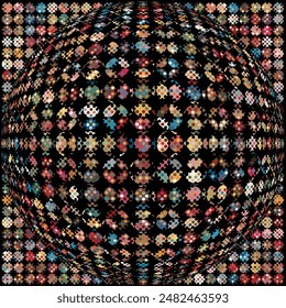 Extreme spherized big halftone dots overlapping, creating illusion of 3D ball shaped pattern filled with muted colors