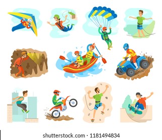 Extreme sport and active lifestyle of people vector. Isolated icons with man trying hobbies, moto races and jumping from bridge, kayaking and rowing