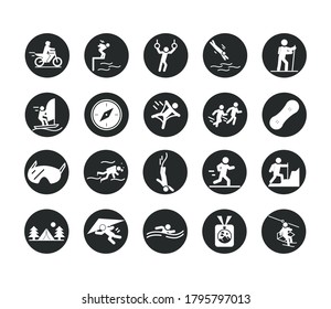extreme sport active lifestyle swim motocross runner climber hiking diving block and flat icons set vector illustration