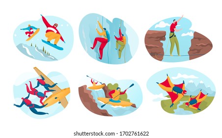 Extreme Sport For Active People, Dangerous Outdoor Adventures, Vector Illustration. Adrenaline Activity In Nature, Sportsman Cartoon Character Climbing And Skydiving. Extreme Lifestyle And Hobby Set