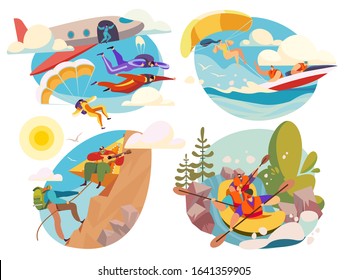 Extreme sport, active people skydiving and rafting, vector illustration. Outdoor activity for summer vacation, extreme adventures, parachute jump and mountain climbing. Active lifestyle, outdoor sport