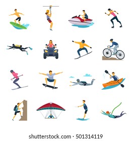 Extreme sport activities flat icons collection with whitewater canoeing skydiving and free stile motocross isolated vector illustrations 