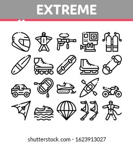 Extreme Sport Activity Collection Icons Set Vector Thin Line. Bike And Crash Helmet, Parachute And Hang-glider Equipment For Extreme Active Concept Linear Pictograms. Monochrome Contour Illustrations