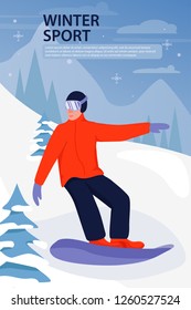 Extreme sport activity. Illustration with snowboarder in sports suit. Sportsman on downhill. Snowboarding in the mountains. Vector illustration.