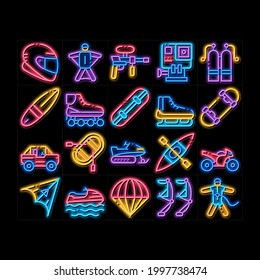 Extreme Sport Activity neon light sign vector. Glowing bright icon  Bike And Crash Helmet, Parachute And Hang-glider Equipment For Extreme Active Illustrations svg