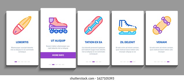 Extreme Sport Activity Onboarding Mobile App Page Screen Vector. Bike And Crash Helmet, Parachute And Hang-glider Equipment For Extreme Active Concept Linear Pictograms. Color Contour Illustrations