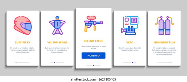 Extreme Sport Activity Onboarding Mobile App Page Screen Vector. Bike And Crash Helmet, Parachute And Hang-glider Equipment For Extreme Active Concept Linear Pictograms. Color Contour Illustrations svg