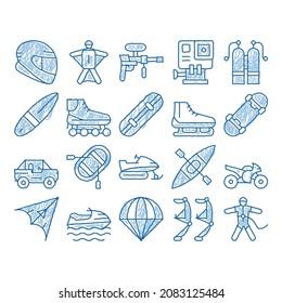 Extreme Sport Activity sketch icon vector. Hand drawn blue doodle line art Bike And Crash Helmet, Parachute And Hang-glider Equipment For Extreme Active Illustrations svg