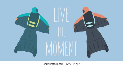 extreme sport adrenalin. cool parachute icon cartoon vector on sky background art. people flat design jump with wingsuit together. skydiving from above cover page. live the moment & do what you love