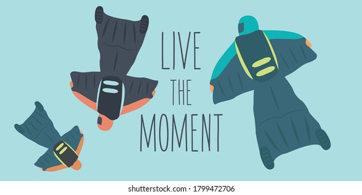 extreme sport adrenalin. cool parachute icon cartoon vector on sky background art. people flat design jump with wingsuit together. skydiving from above cover page. live the moment & do what you love