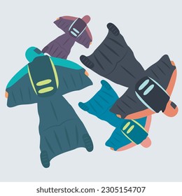 extreme sport adrenalin with parachute icon cartoon vector on sky background art. group people flat design jump together. live your life. skydiving from above in the air with illustration wingsuit art