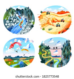 Extreme Sport Adventure Scenes Set. Kayaking On Fast River. ATV Motorbike Racing In Desert. Paragliding Flight. Hiking In Mountains Wild Nature. Vector Character Illustration Of Active Lifestyle