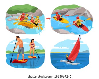 Extreme sport adventure set. People sailing, use sup boards, rowing in canoe and kayak, rafting. Outdoor risky recreation and exercise vector illustration.