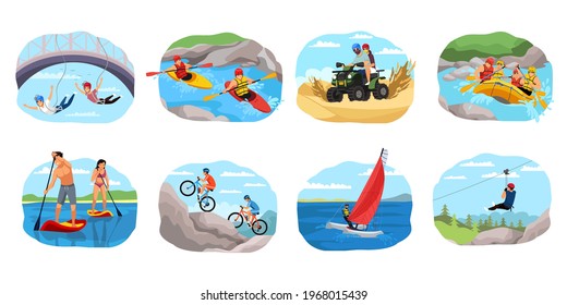 Extreme sport adventure set. People sailing, on bikes, rowing in canoe and kayak, bungee jumping, racing in motorbike. Outdoor risky recreation and exercise vector illustration.