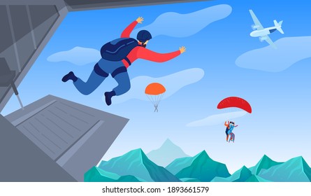 Extreme sport in air vector illustration. Parachuting sport. Parachute jumping courageous skydrivers. Active hobby. Sportsmen skydive and fly above mountains landscape.
