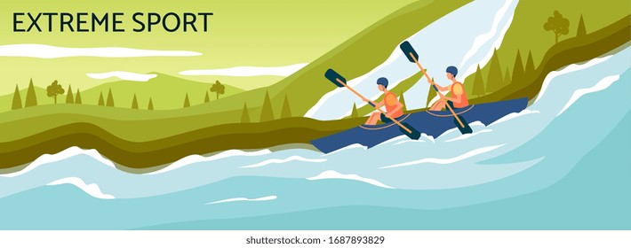 Extreme sport banner - cartoon people kayaking in strong river stream and rowing with paddles. Two people navigating blue kayak boat - flat vector illustration.