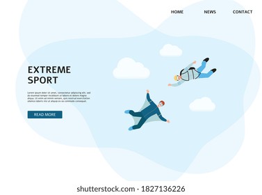 Extreme sport banner with people jumping with parachute and wingsuit - parachuting website landing page template with cartoon jumpers. Flat vector illustration