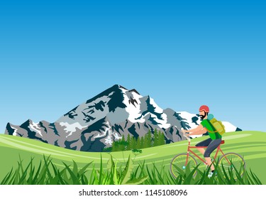 Extreme sport , bycyclyct riding in the mountains, outdoor landscape, vector illustration