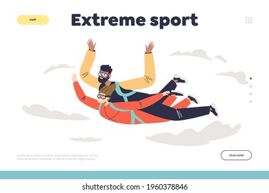 Extreme sport concept of landing page with couple in tandem skydiving jump with parachute in free falling in sky. Happy man and woman paragliding. Two parachutists. Flat vector illustration