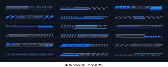 Extreme sport decals. Tuning racing car or moto striped vehicle blue bars, motor boat tuning stickers flat vector illustration set. Sport racing stripes on dark background