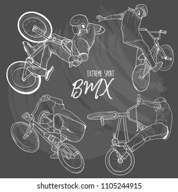 extreme sport. drawing vector set of BMX on chalkboard