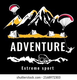 Extreme sport. The emblem of hiking tourism in the mountains. Vector stock illustration. Black background. Paraglider. Rocks.Mountain animals