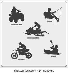 Extreme Sport Emblems. Quad Bike, Snowmobile, Mountain Climbing, Motocross Jumping, Moto Freestyle, Kayaking. Labels, Badges And Design Elements For Sport Clubs. Print Design For T-shirts.