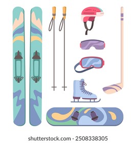 Extreme sport equipment set, isolated skis and poles, snowboard and safety helmet with goggles, skates and hockey stick. Vector winter activities and recreation, sportive tournament kit