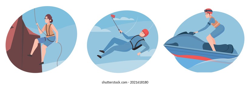 Extreme sport flat compositions on color background set of climbing parachuting hydrocycling isolated vector illustration