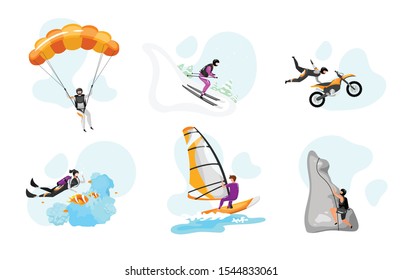 Extreme sport flat vector illustrations set. Parachuting, hang gliding. Surfing, scuba diving. Downhill skiing. Rock climbing. Motorcycle stunts. Outdoor activity isolated cartoon characters