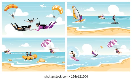 Extreme sport flat vector illustrations set. Couple skydiving, surfing, parachuting. Beach fun activities. Ocean windsurfing. Summer vacation. Water outdoor activities. Extremals cartoon characters