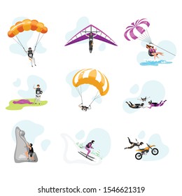 Extreme sport flat vector illustrations set. Couple paragliding, skydiving. Parachuting, hang gliding, skiing. Rock climbing. Motorcycle stunts. Sports people isolated cartoon characters