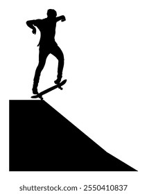 Extreme sport game, boy skateboarder in skate park air jump trick. Skateboard man vector silhouette illustration isolated on white background. Outdoor urban danger action. Skate park sport recreation.