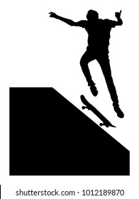 Extreme sport game, skateboarder in skate park, air jump trick. Skateboard vector silhouette, black illustration isolated on white background. Outdoor urban danger action. Skate park sport recreation.