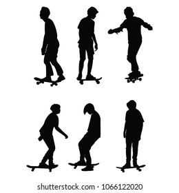 Extreme sport game, skateboarder in skate park. Skateboard vector silhouette illustration isolated on white background. Outdoor urban action. Boy with skateboard.