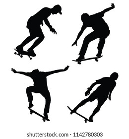 Extreme sport game, skateboarder in skate park, air jump trick. Skateboard vector silhouette, black illustration isolated on white background. Outdoor urban danger action. Skate park sport recreation.