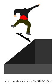 Extreme sport game, skateboarder in skate park, air jump trick. Skateboard vector illustration isolated on white background. Outdoor urban danger action. Skate park sport recreation.